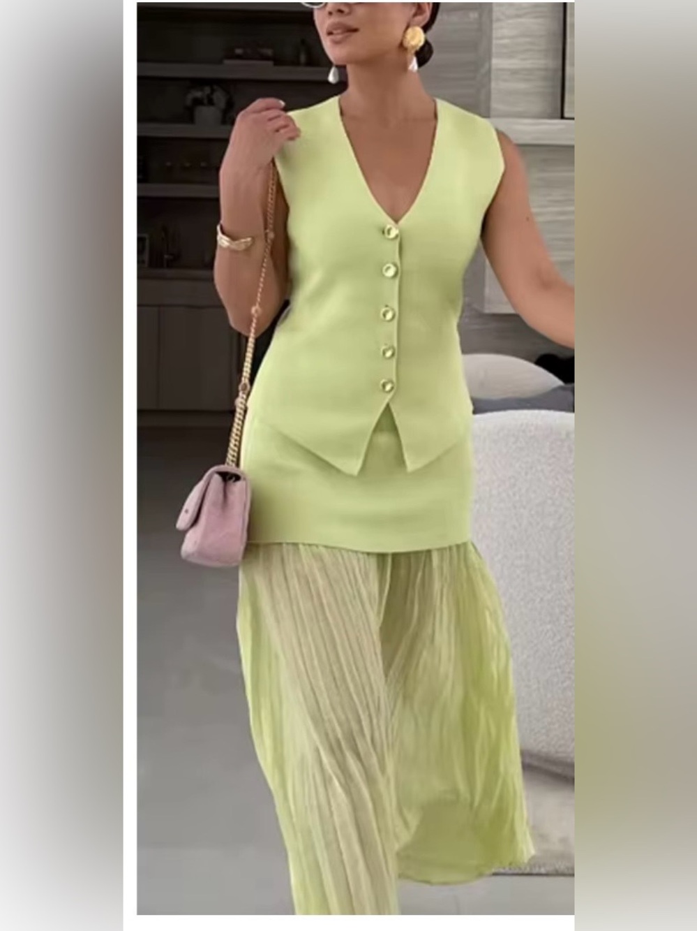 Zara Light Lime Knit Vest with Button Detail